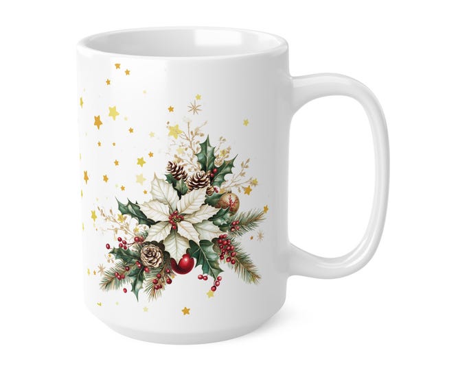 Festive Christmas Floral Ceramic Coffee Mug, Holiday Drinkware.
