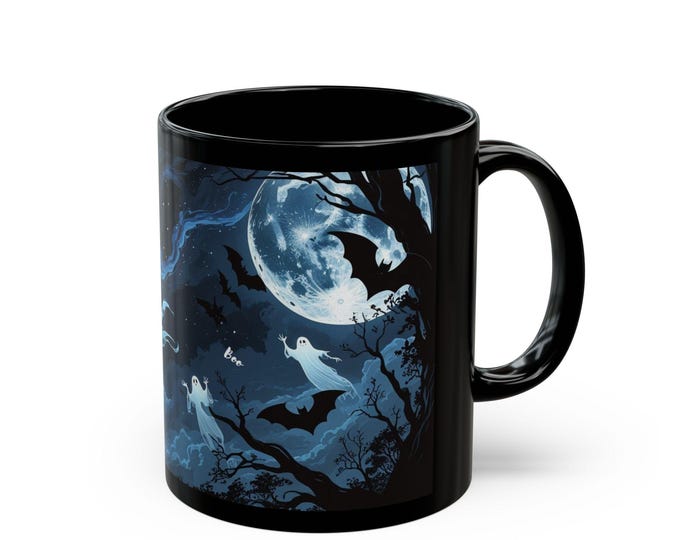 Spooky Ghosts Black Coffee Mug,Halloween Witch Decor