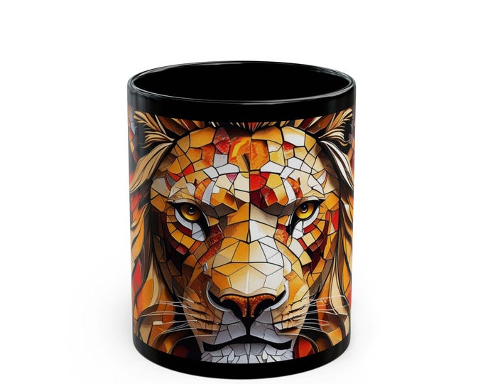 Majestic Lion Mosaic Mug | Artistic Black Coffee Cup, Unique Animal Gift, Home Decor, Perfect for Birthdays, Nature Lovers