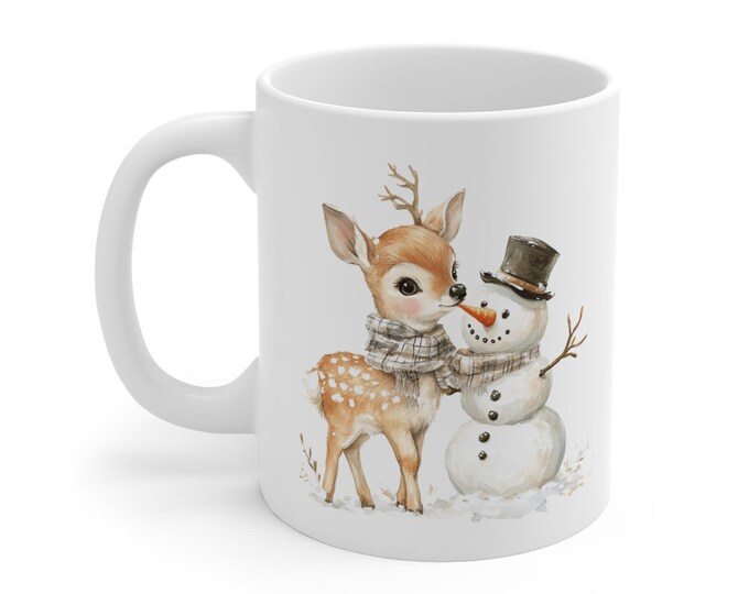 Christmas Deer & Snowman Mug, Festive Holiday Drinkware