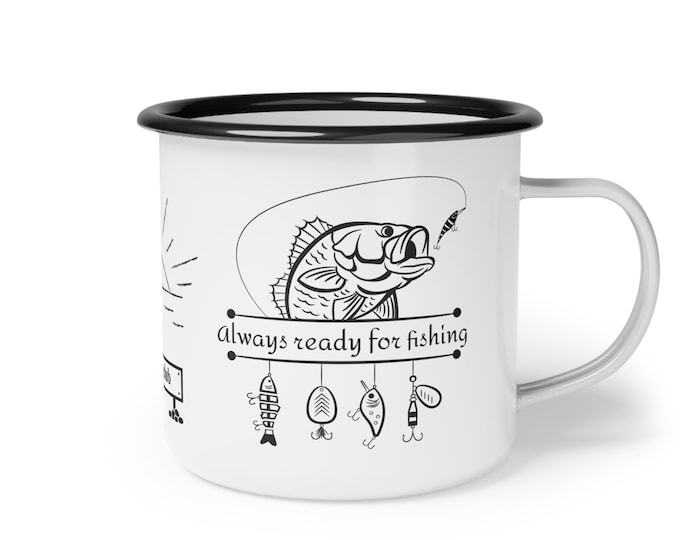 Enamel Camp Cup Fish Camping Mug, Outdoor Adventure Coffee Mug, Nature Lover Gift, Campfire Tea Cup, Camping Gear, Rustic Campsite Drinkware