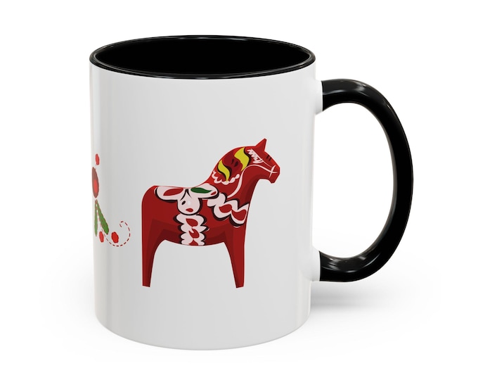 Dalahäst Coffee Mug, Swedish Folk Art Ceramic Cup, Scandinavian Decor