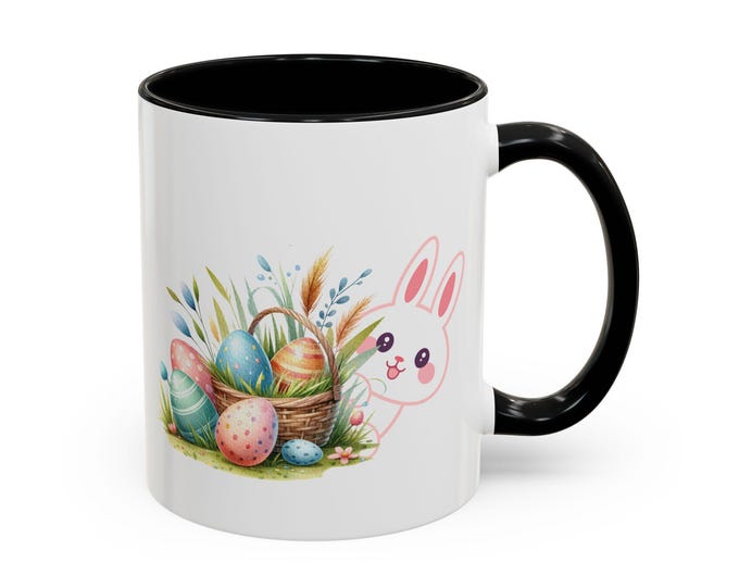 Easter Accent Coffee Mug (11, 15oz) - Spring Religious Holiday Gift, Bunny Rabbit Cup, Pastel Colors Tea Cup, Christian Resurrection