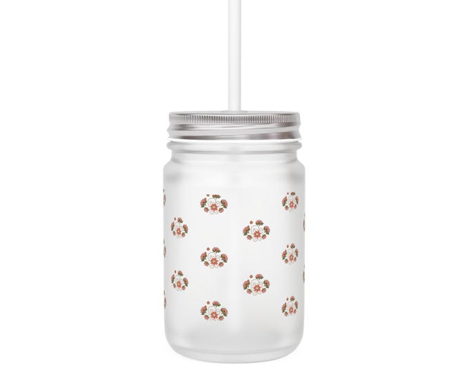 Floral Mason Jar Drink Cup, Vintage Style Beverage Holder, Perfect for Summer Parties, Weddings, Home Decor, Rustic Gifts