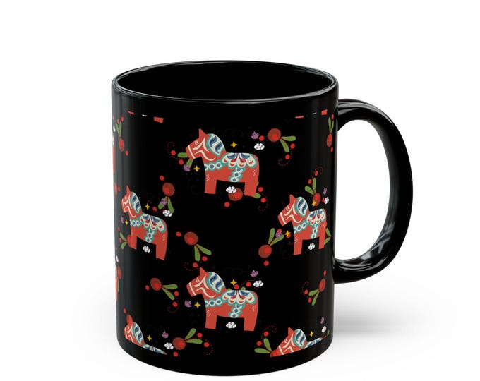 Scandinavian Dala Horse Mug, Swedish Folk Art Ceramic Coffee Cup