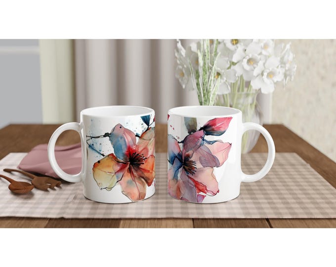 Floral Ceramic Mug - Beautiful 11oz Coffee Cup with Colored Rim - Perfect Gift