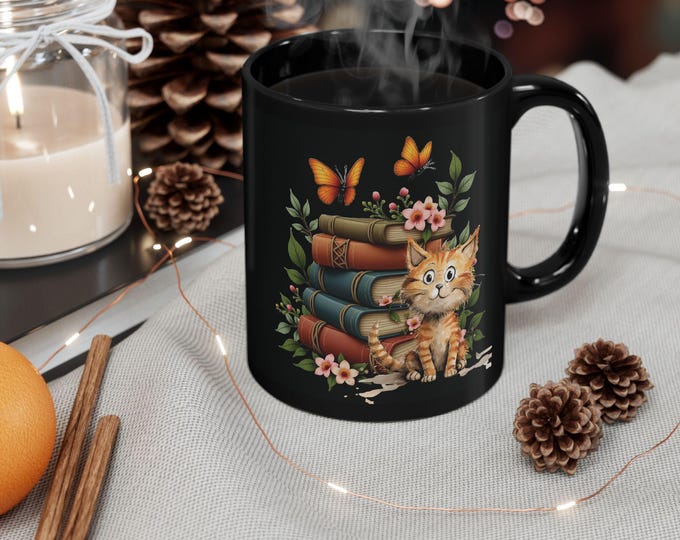 Bookish Cat Mug - Kitten with Books Coffee Cup.