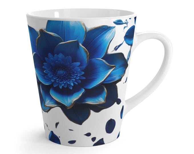 Beautiful Blue Floral Latte Mug, Hand-Painted Coffee Cup, Elegant Drinkware for Home, Gifts for Flower Lovers, Mother's Day Present