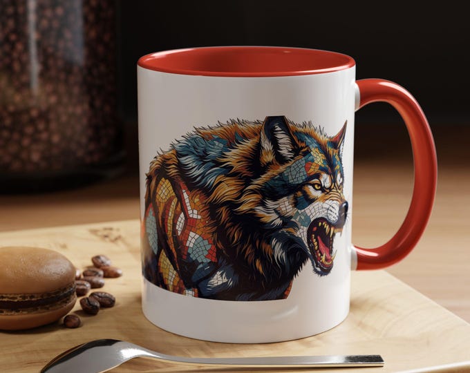 Fierce Wolf Accent Coffee Mug, Animal Lover Gift, Unique Ceramic Mug, Dog-Themed Drinkware, Perfect for Home & Office