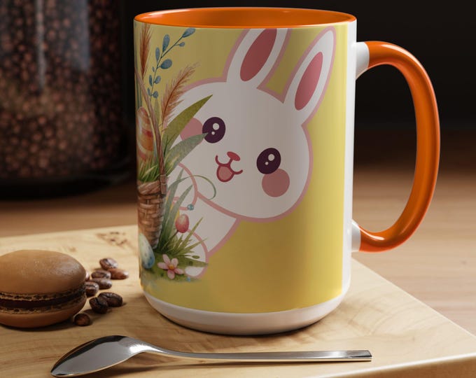 Easter Accent Coffee Mug (11, 15oz) - Spring Religious Holiday Gift, Bunny Rabbit Cup, Pastel Colors Tea Cup, Christian Resurrection