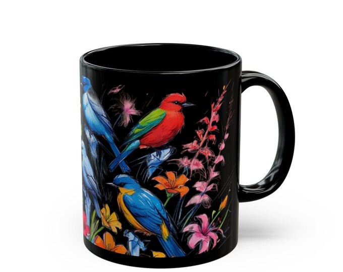 Floral Mug, Nature Lover Gift, Coffee Cup, Botanical Drinkware, Black Mug 11oz
