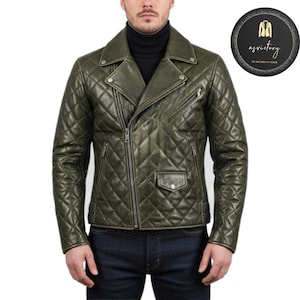 Giacca in pelle trapuntata fatta a mano con colletto a punta - Giacca da motociclista elegante e moderna - Dettaglio cerniera asimmetrica - Giacca da motociclista da uomo