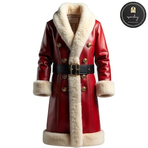 Luxurious Red Leather Santa Coat: Fur Trim, Holiday Costume