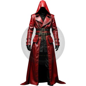 Gothic Red Leather Hooded Trench Coat: Full-length Steampunk Coat