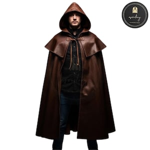 Steampunk Brown Hooded Leather Cloak – Premium Full-Length Fantasy Cape with Tie Closure – Renaissance Leather Hooded Cape–Personalized Gift