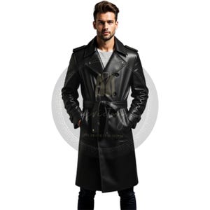 Premium Black Leather Long Coat for Men&#39;s - Handcrafted Double-breasted Coat - Custom trench Coat - Gift for him