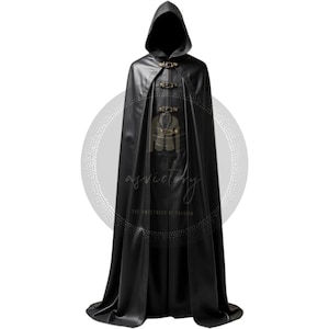 Gothic Black Hooded Cloak & Full Body Inner Coat - Handcrafted Genuine Leather Cosplay Costume