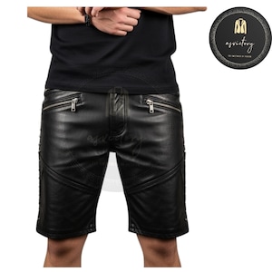 Men&#39;s Black Leather Shorts - Custom Zippered Utility Pockets & Studded design - Summer Shorts