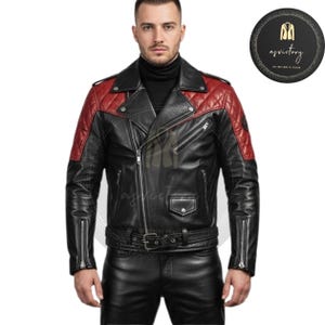 Men's Quilted Real Leather Biker Jacket - Handmade Leather Moto Jacket with Red Quilting - Custom Leather Asymmetrical Zipper Modern Style