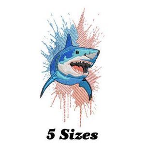 Puede incluir: Un diseño bordado de un gran tiburón blanco azul y blanco con la boca abierta, sobre un fondo de salpicaduras de pintura azul y rosa.