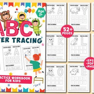 Puede incluir: Un libro de trabajo colorido para niños con una portada que muestra niños de dibujos animados con disfraces de animales y el texto "ABC Letter Tracing". El libro de trabajo incluye 52 páginas de actividades de trazado de letras con ilustraciones de animales.