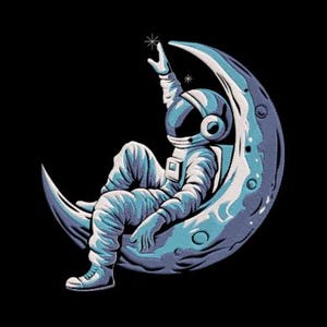 Puede incluir: Un astronauta con un traje espacial blanco se sienta en una luna creciente con un esquema de color azul y gris. El astronauta está alcanzando una estrella.
