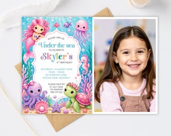 Mermaid Birthday Invitation with photo placeholder, Under the Sea Birthday Invite, Instant Download