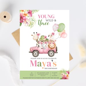 Verjaardagskaart voor Young Wild & Three in safaristijl, jungledieren, aquarelbloemen (digitale sjabloon)