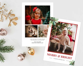 Puede incluir: Dos tarjetas de Navidad con fotos y texto. Una tarjeta muestra a un niño y dice "MERRY & BRIGHT". La otra tarjeta tiene varias fotos y el texto "FROM OUR FAMILY TO YOURS, WISHING YOU A SEASON OF LOVE AND LIGHT". Adornos y vegetación están esparcidos alrededor de las tarjetas.