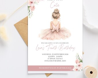 May include: A rectangular birthday invitation card featuring a watercolor illustration of a child in a pink tutu with a bun hairstyle. The text reads SHE'S TUTU CUTE, PLEASE JOIN US TO CELEBRATE Leia's Fourth Birthday, SATURDAY, 25 SEPTEMBER 2026, 12:30PM - 2:00PM, 17 TIPTOE AVENUE, DANCERS PARADISE, 1100, and PLEASE RSVP TO KATE BY 28 MARCH 2026, decorated with pink floral accents.