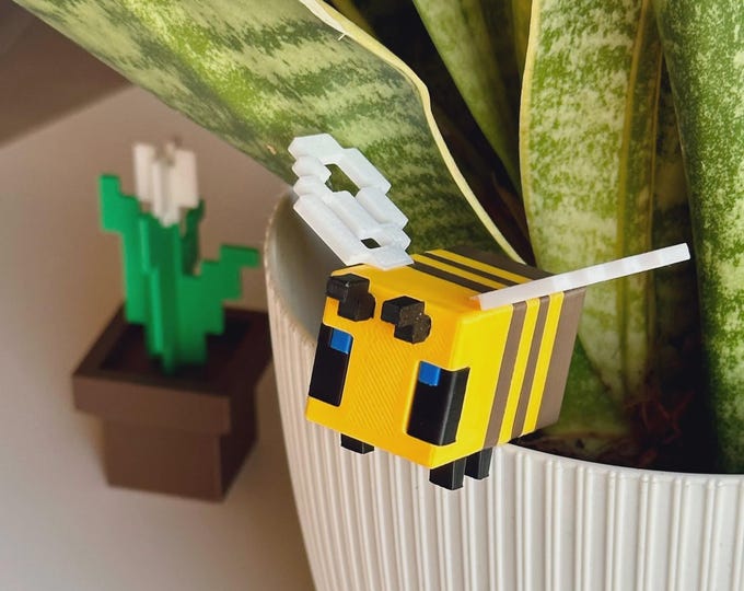 Featured listing image: 3D Printed Minecraft Bee Toy – Articulated Wings | Pixel Bee Figurine | Gamer Gift | Plant Buddy | Bee Decor