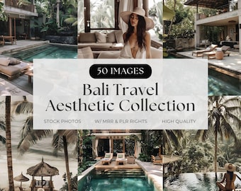 May include: A digital collection of 50 high-quality stock photos titled Bali Travel Aesthetic Collection, featuring various scenes of tropical villas, swimming pools, palm trees, and individuals in sun hats within lush, sunny outdoor environments.