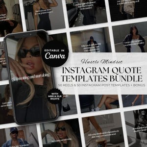 Może przedstawiać: Pakiet produktów cyfrowych z szablonami cytatów na Instagram. Pakiet zawiera 50 rolek i 50 szablonów postów na Instagram, z dodatkową zawartością. Obrazek przedstawia telefon wyświetlający szablon z tekstem "Stop waiting and start doing."
