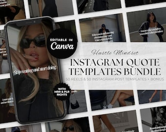 Könnte beinhalten: Ein digitales Produktpaket mit Instagram-Zitaten-Vorlagen. Das Paket enthält 50 Reels und 50 Instagram-Post-Vorlagen sowie Bonusinhalte. Das Bild zeigt ein Telefon, das eine Vorlage mit dem Text "Stop waiting and start doing" anzeigt.