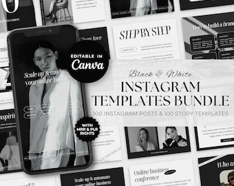 Könnte beinhalten: Ein schwarz-weißes Instagram-Vorlagenpaket mit 100 Beiträgen und 100 Story-Vorlagen. Die Sammlung enthält bearbeitbare Designs für Canva mit MRR- und PLR-Rechten und zeigt verschiedene Layouts mit Text, Fotografie und geschäftsorientierten Grafiken.