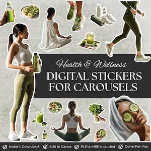 May include: A collection of health and wellness digital stickers for carousels featuring images of yoga poses, green smoothies, avocado toast, running gear, fresh kale, and cucumber eye treatments, with the text Health & Wellness DIGITAL STICKERS FOR CAROUSELS.