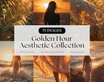 May include: A digital collection of 75 stock photos titled Golden Hour Aesthetic Collection, featuring various scenes of people in white clothing at the beach, palm leaves, and hands in flowers, all illuminated by warm, golden sunset lighting.