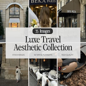 Pode incluir: Uma colagem de imagens que mostram uma estética de viagem luxuosa. As imagens incluem uma loja parisiense com o texto "BEKA PARIS" acima da entrada, uma mulher com cabelo castanho comprido caminhando pela rua, um café com cadeiras e mesas de pele branca e uma scooter marrom estacionada em um leito de folhas secas.