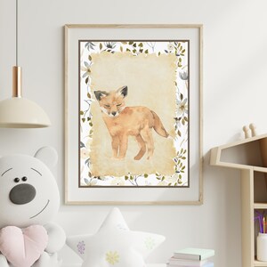 baby fox neutral background with floral frame watercolor nursery decor