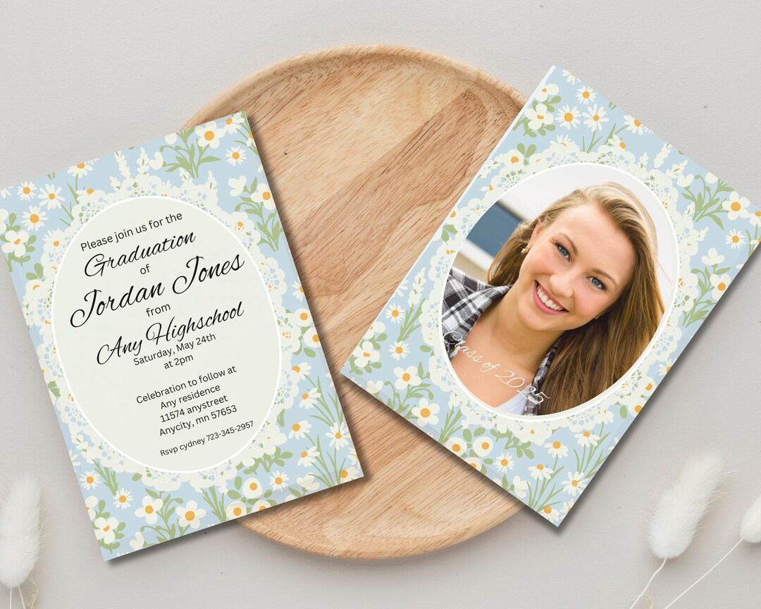 Blue Spring Invitations Blue Spring White Flower Graduation Invite, Editable, Personalize Evite ...