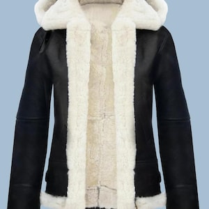 Giacca da donna in vera pelle di pecora con cappuccio in shearling - Cappuccio in pelle con pelliccia calda
