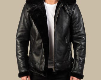 Men’s Black Sheepskin Leather B3 Bomber Jacket – Faux Fur Lined Aviator Style Jacket