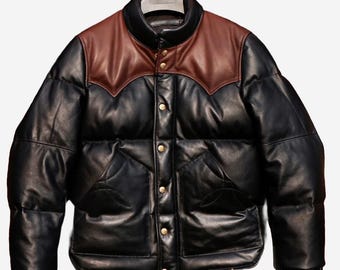 Men's Sheepskin Leather Puffer Jacket – Black & Brown Quilted Coat