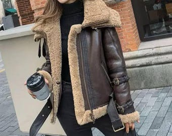 Chaqueta bomber de aviador de piel de oveja auténtica para mujer, hecha a mano / Chaqueta con doble cuello y forro de piel de oveja sintética