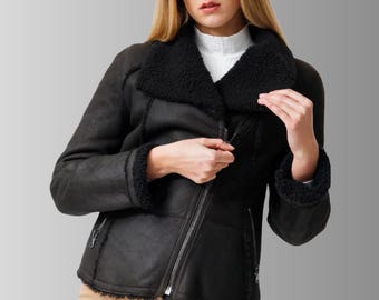Women’s Black Sheepskin Leather Jacket with Fur | Real Leather Winter Coat