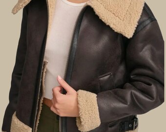 Echte Schaffellleder Bomberjacke für Damen - Braun | Kunstpelz Lammfell Mantel