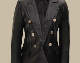 Women's Black Sheepskin Leather Double-Breasted Blazer Jacket