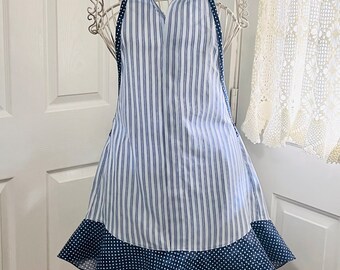 Upcycled Dress Shirt Apron, Blue striped shirt, Polka Dot Fabric