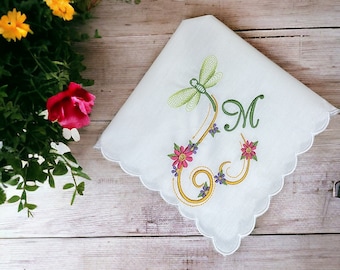 Embroidered Dragonfly Handkerchief – Custom Initial, Wedding Gift
