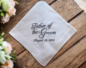 White cotton handkerchief embroidered with the words "Father of the Groom": Simply Sweet Hankies